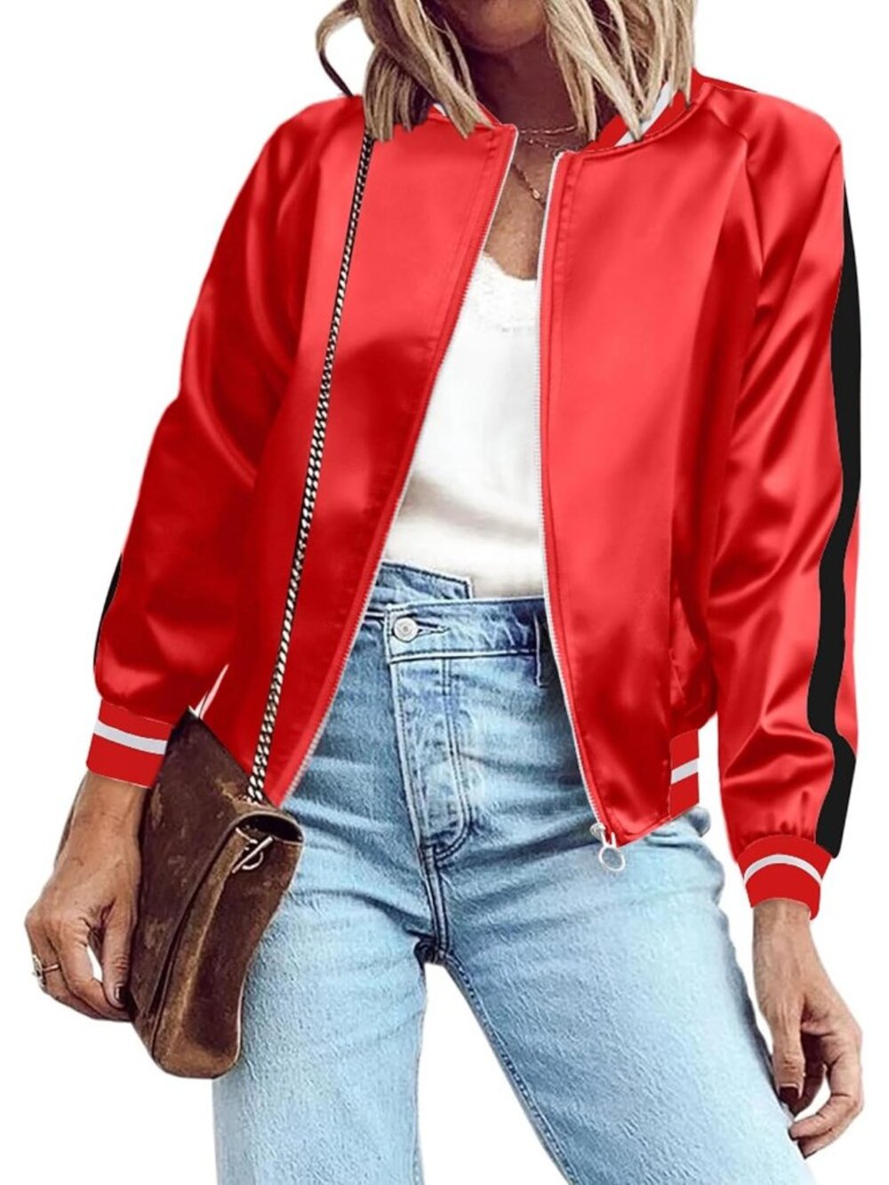 Women's Wine Red Bomber Jacket Lightweight Zip Up Windbreaker with Pockets
